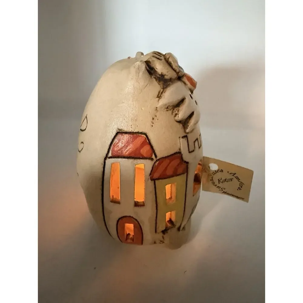Folk Art Handmade Cat Shaped Ceramic Candle Holder Luminary Decor Votive